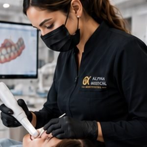 Odontóloga realizando un procedimiento con tecnología digital